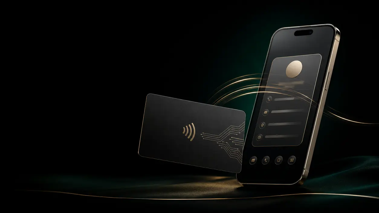 Premium black NFC smart card connecting to a digital profile on a smartphone